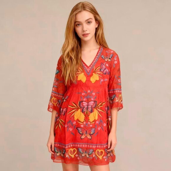 $350 NWT Johnny Was Jade Barbara Floral V Neck Silk Chiffon Red Dress Kaftan XS - Picture 1 of 12